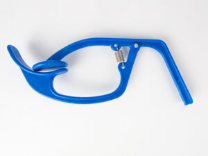 blue, disposable fistula clamp made by baseline medical