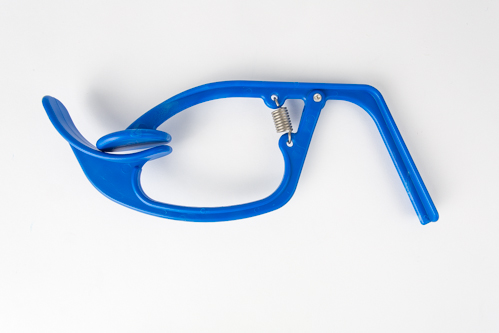 blue, disposable fistula clamp made by baseline medical
